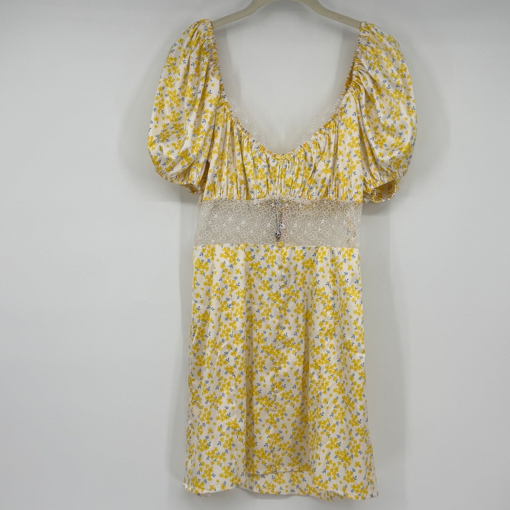 For Love & Lemons Daffodil Women Yellow Floral Lace Mini Dress Small NEW
